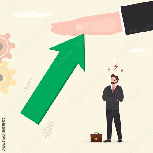 Huge hand of boss or politician stops arrow from growing. Limitations to business growth. Discrimination, inequality and human rights. Unhappy man thinking about career challenges.