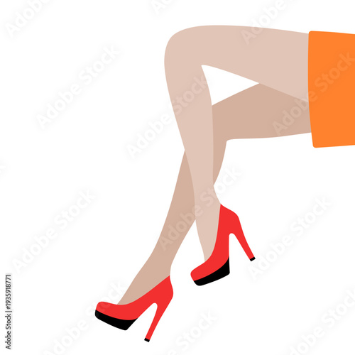Female legs sitting and wearing red high heels in fashionable pose isolated on white background.