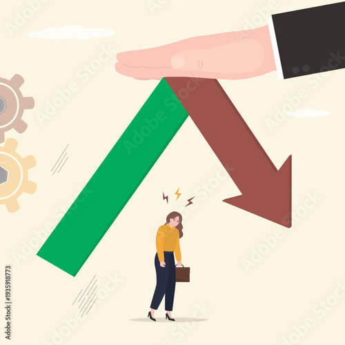 Limitations to business growth. Business glass ceiling. Women's discrimination, inequality and career challenges. Sexism, human rights. Unhappy woman looking on falling down arrow.