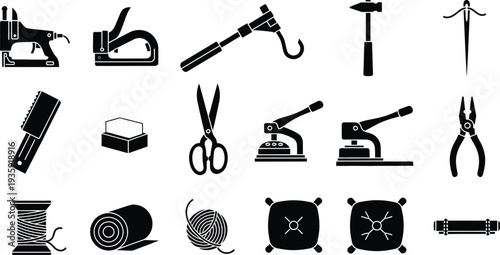 Collection of black icons representing upholstery tools and sewing accessories for craft projects.