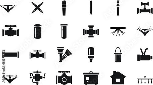 Irrigation, plumbing, sprinkler, drip, water, pipe, valve, connector, filter, control, system, house, garden, agriculture, landscaping, equipment, tool, grid, icon, illustration, design