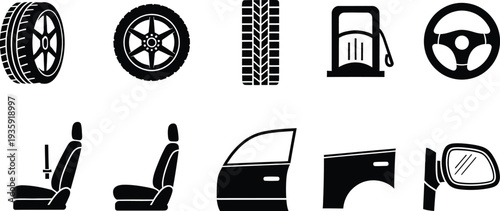 Set of black car part icons including tires, wheels, gas pump, steering wheel, and seats.