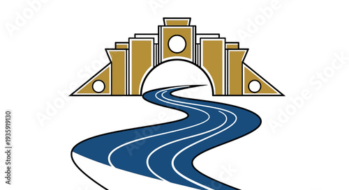 Stylized River Flowing Under Golden Arch.