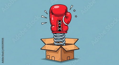 Red boxing glove emerges from cardboard box on spring with motion lines on blue background