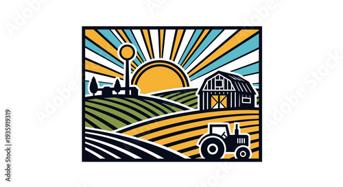 Tractor in Farm Field at Sunset.