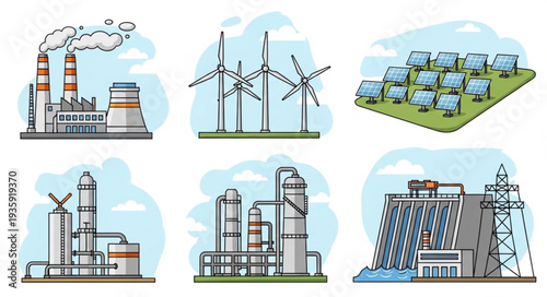 Collection of renewable and industrial energy generation facilities.