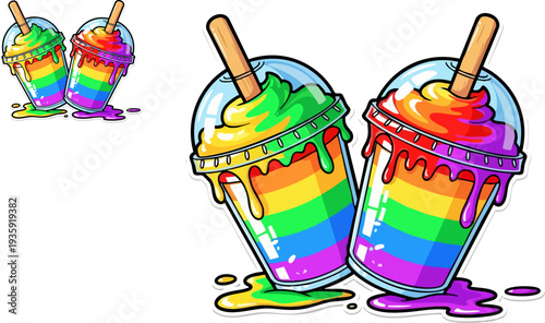 Two brightly colored rainbow slushie drinks featuring vibrant layered ice and melting drips adorned with straws symbolize pride and summer refreshment beautifully illustrated.