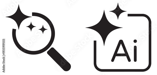 Magnifying Glass with Sparkle Icons, AI Search Symbol, Artificial Intelligence Button Collection, AI Generated Search Design
