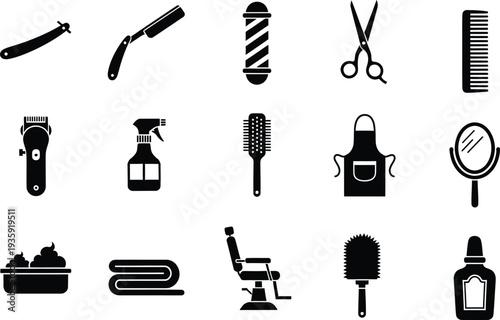 Collection of professional barber shop and hair salon equipment icons in black and white
