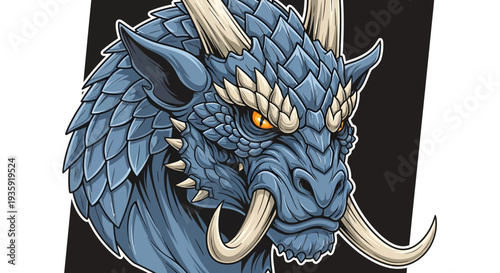 Blue dragon head illustration with sharp horns and scales.