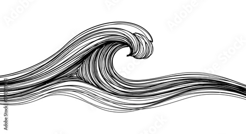 Black and white illustration of a wave cresting and curling.