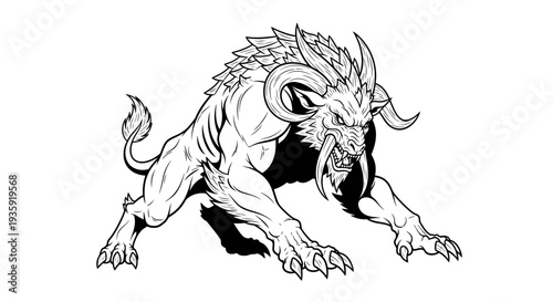 Black and white illustration of a mythical creature with horns and sharp claws.