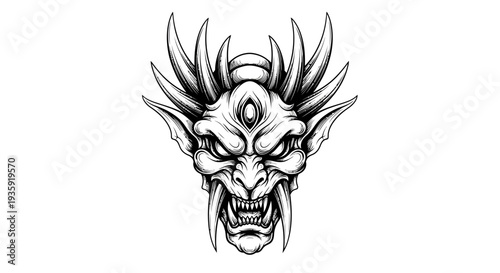 Menacing Demon Head with Sharp Horns and Fangs Illustration.