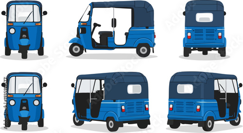 Collection of blue three wheeled auto rickshaw vector illustrations showcasing various perspectives for transportation design concepts