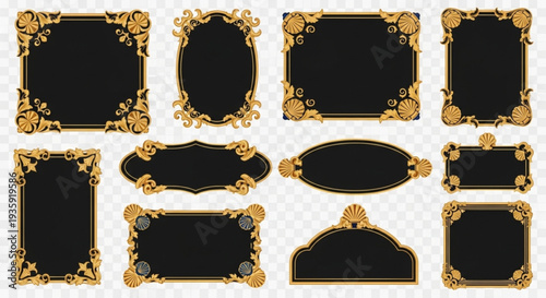 Collection of ornate golden frames with black backgrounds.