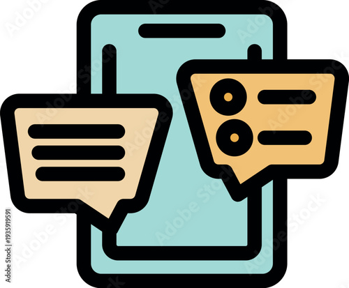 Mobile phone displaying online survey or test results, featuring checkmarks and text bubbles for feedback and communication