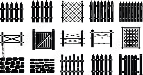 Collection of various wooden and metal fence designs and garden gates icons on white background.
