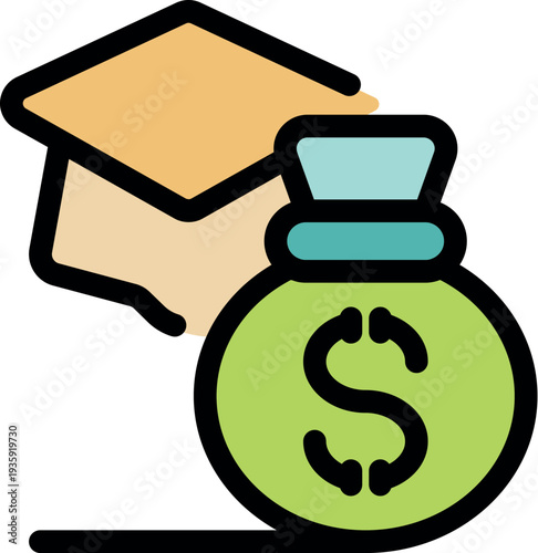 Money bag with dollar sign and graduation cap representing the increasing costs of education, student debt, and scholarships