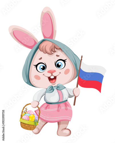 Cute cartoon rabbit holding a basket of Easter eggs