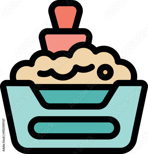 Cat litter box with a scoop and poop being filled up, representing cat hygiene and pet care