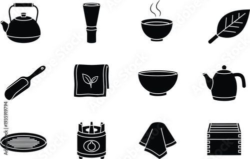 Collection of black and white icons illustrating traditional japanese tea ceremony equipment