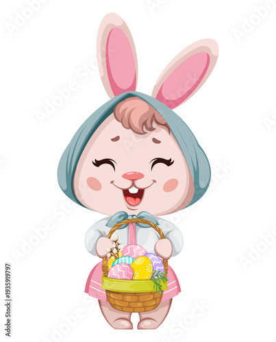 Cute cartoon rabbit holding a basket of Easter eggs