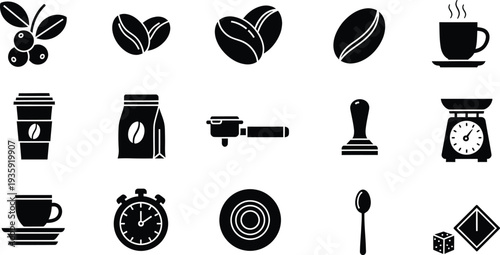 Collection of black and white coffee icons including beans cups and barista equipment tools