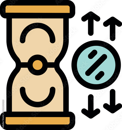 Hourglass is measuring discount rate, with percentage symbol and arrows showing increase and decrease