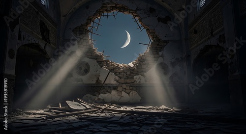Destroyed ancient building with large crescent moon in ceiling hole and sun rays