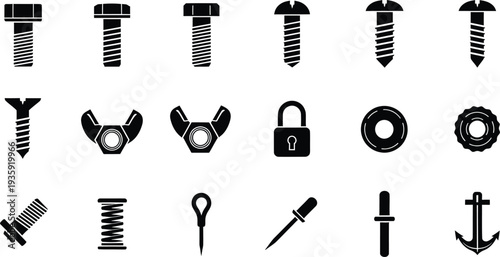Collection of black hardware icons including bolts screws nuts washers and tools on white background.