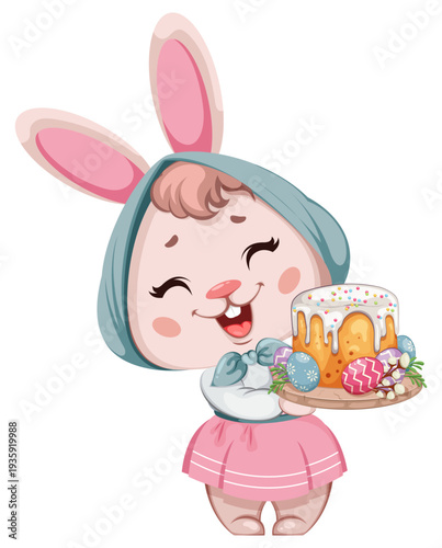 Сute cartoon rabbit holds an Easter cake