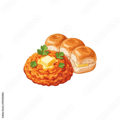 Pav Bhaji Indian Street Food Realistic Flat Vector Illustration