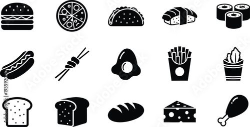 Collection of fifteen black and white food icons including burger pizza taco sushi hotdog egg and bread.