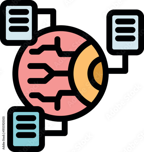 Digital eye with electronic circuits analyzing data from connected servers, representing concept of artificial intelligence and machine learning