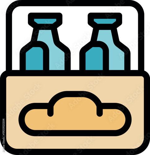 Packaged bread and beer bottles inside a cardboard box, symbolizing grocery delivery or donation