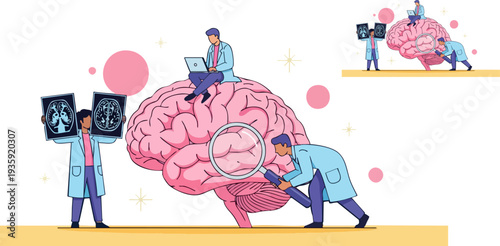 Tiny medical professionals meticulously examining a giant pink human brain structure using advanced diagnostic tools and magnifying equipment for comprehensive neurological study.