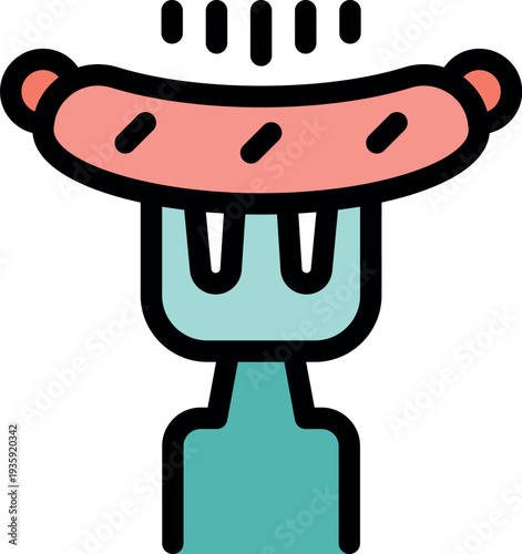 Cartoon hot steaming sausage on a fork, simple colorful barbecue picnic icon