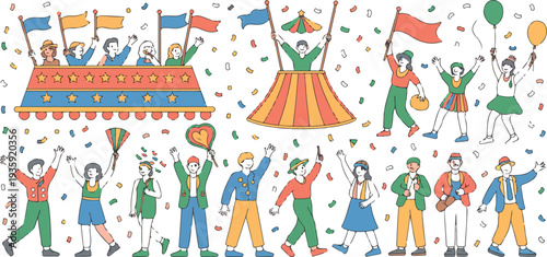 Crowd celebrating with confetti, flags, and people on podium, festive atmosphere for a joyful event