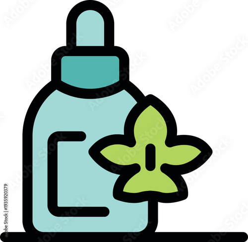 Small bottle of mint essential oil with leaf, promoting natural remedies and aromatherapy