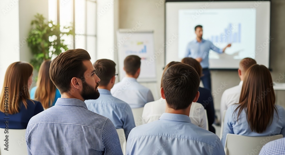 Obraz premium Business professionals attentively listening to presentation in modern conference room