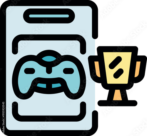 Winning mobile games is becoming increasingly popular, as shown by the gamepad on the mobile phone screen with a trophy
