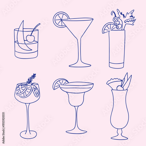 Stylized Cocktail Glass Vector Illustrations Set