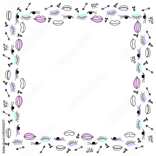 Makeup doodle frame with lips, eyes, arrows and tic tac toe symbols forming square colorful border isolated on white background