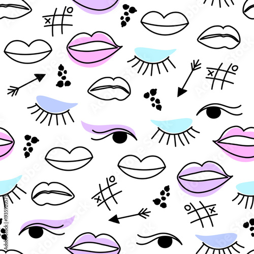 Makeup doodle pattern seamless with lips, eyes, arrows and tic tac toe symbols arranged in colorful layout isolated on white background