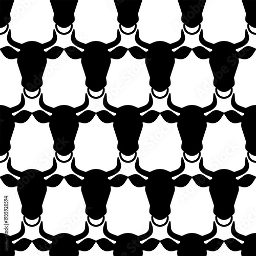 Cow and bull head seamless pattern with nose ring and black animal silhouettes. Livestock farming, organic beef butcher, cattle ranch, and breed horn symbol