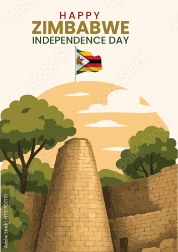 Happy Zimbabwe Independence Day vector illustration with flag and Great Zimbabwe ruins