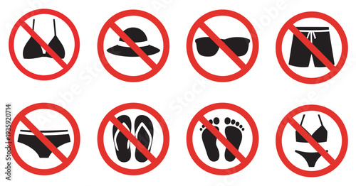 Prohibited Beach and Pool Items Set, No Shorts, Bikini, Hat, Sunglasses, Bare Feet, Restricted Area Signage