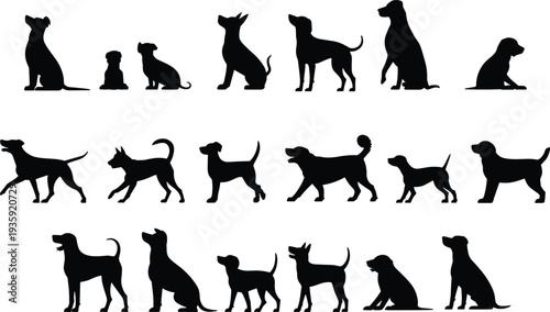 WebDog silhouette icons, domestic pet vector, black dog shapes, animal illustration, canine design motif, diverse breed poses, stock art collection