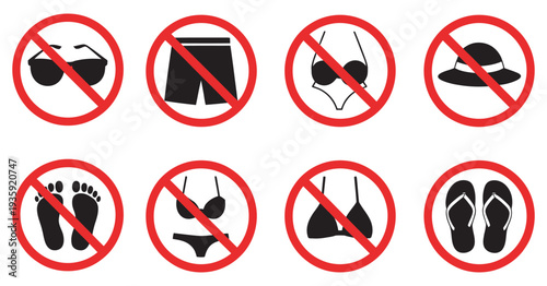 Prohibited Beach and Pool Items Collection, No Shorts, Bikini, Hat, Sunglasses, Bare Feet, Safety and Warning Icons