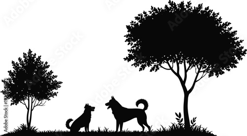 Dog silhouettes in nature, peaceful outdoor scene, animal interaction figures, forest trees design, grass landscape art, wildlife companionship illustration